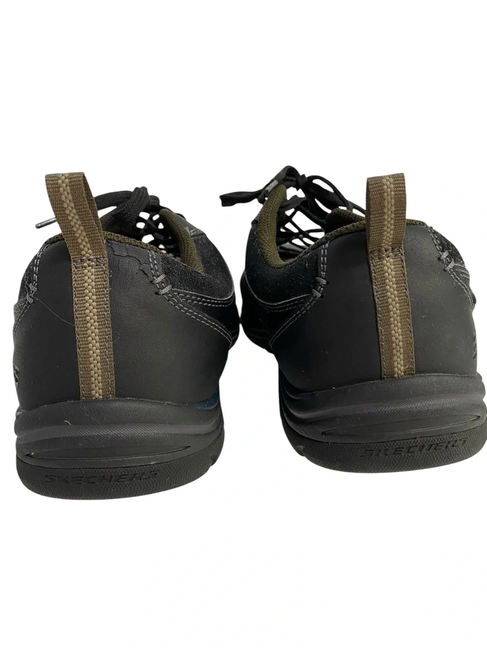 Skechers Men's Black Sneakers Leather Brown Accent Stripe Memory Foam Size 13